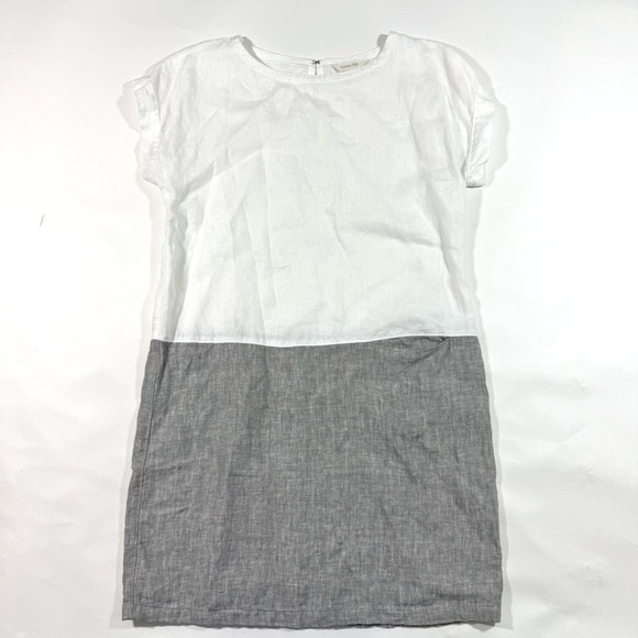 Garnet Hill Meraki Linen Dress Colorblock Grey White - Picture 1 of 6